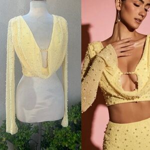 Oh Polly bustier top beads pearls sheer soft yellow Sz 8 NWT